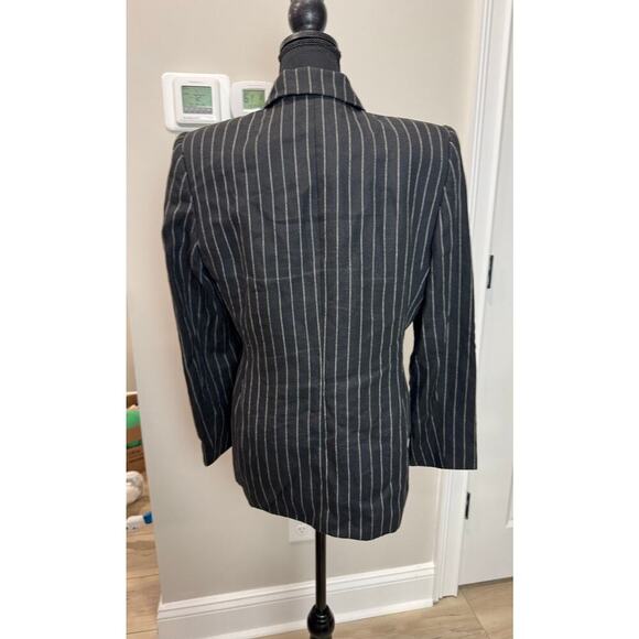 Vintage 1980 Women Cinched Blazer Double Breasted Linen Stripe Shoulder Pads 8P - Picture 2 of 11